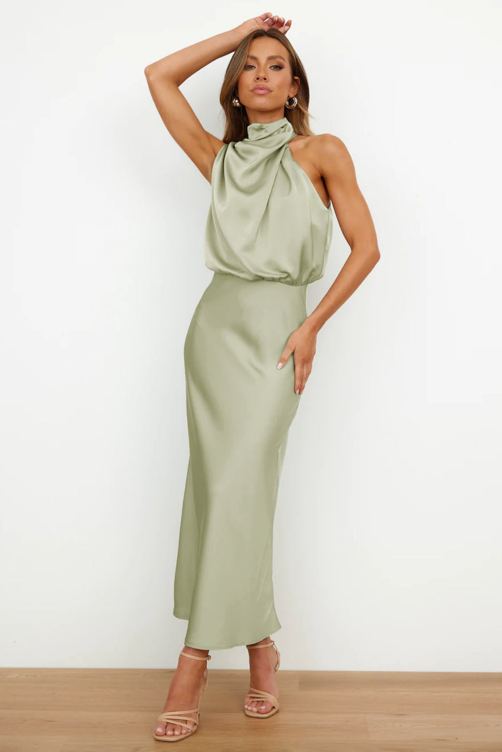 Leah | Long Satin Dress with Halter Neckline