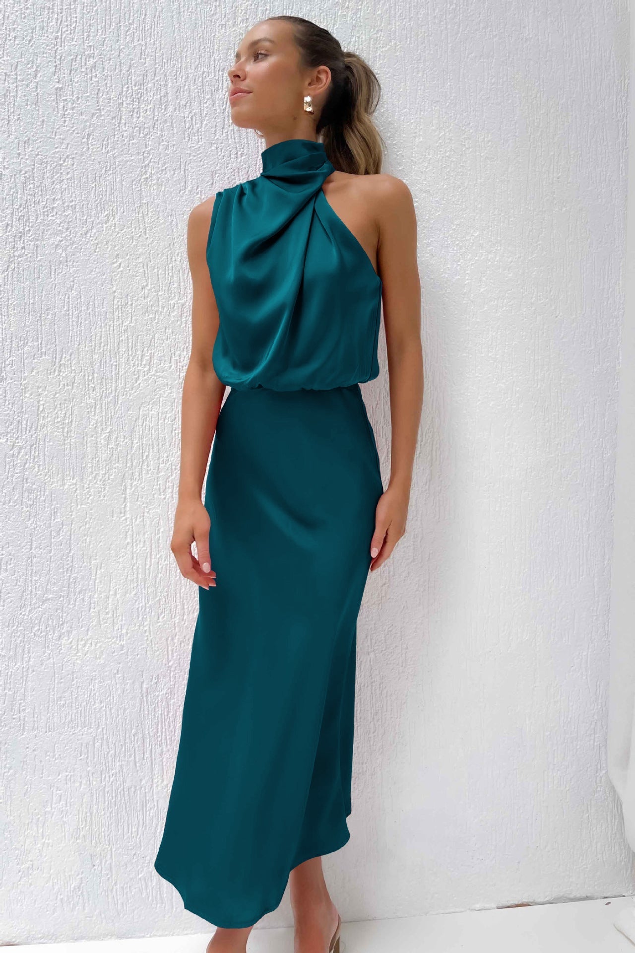 Leah | Long Satin Dress with Halter Neckline