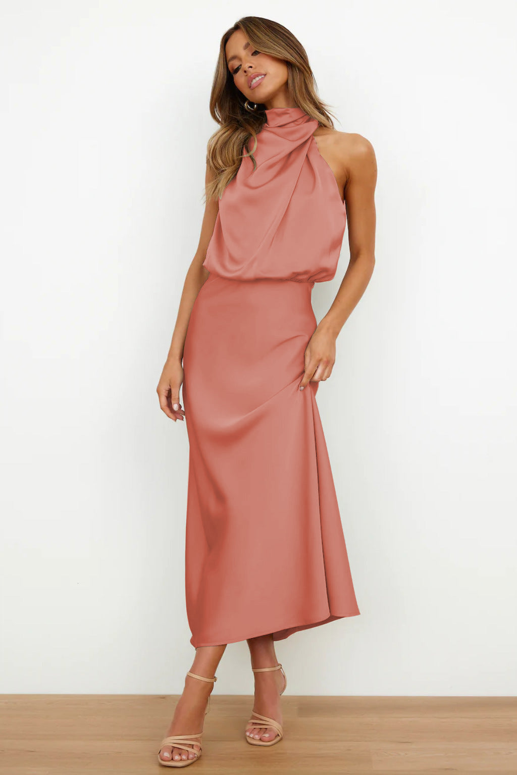 Leah | Long Satin Dress with Halter Neckline