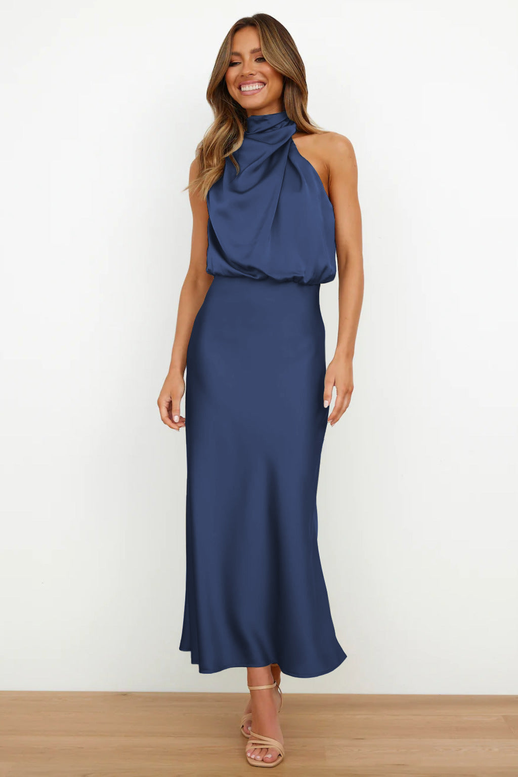 Leah | Long Satin Dress with Halter Neckline