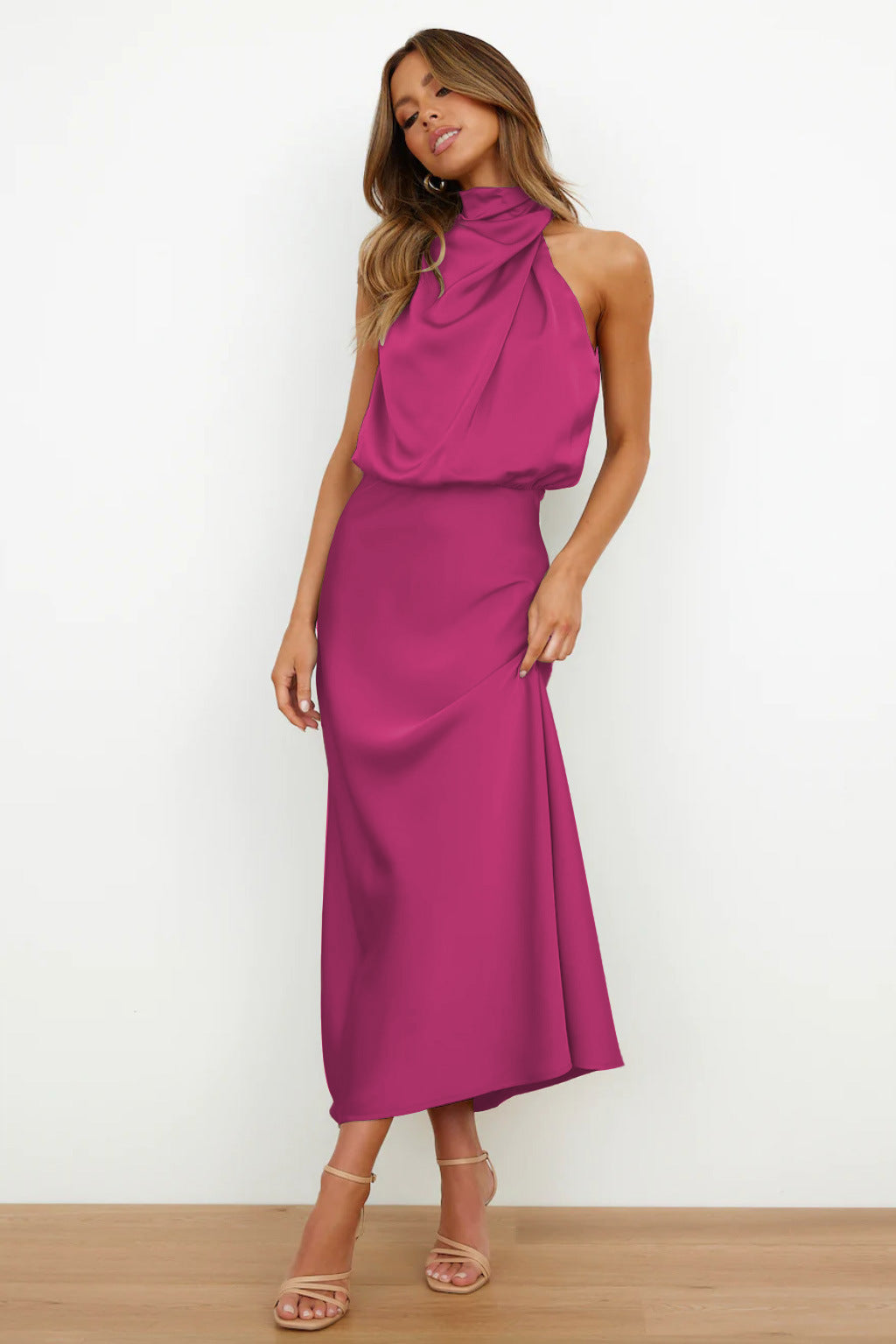 Leah | Long Satin Dress with Halter Neckline