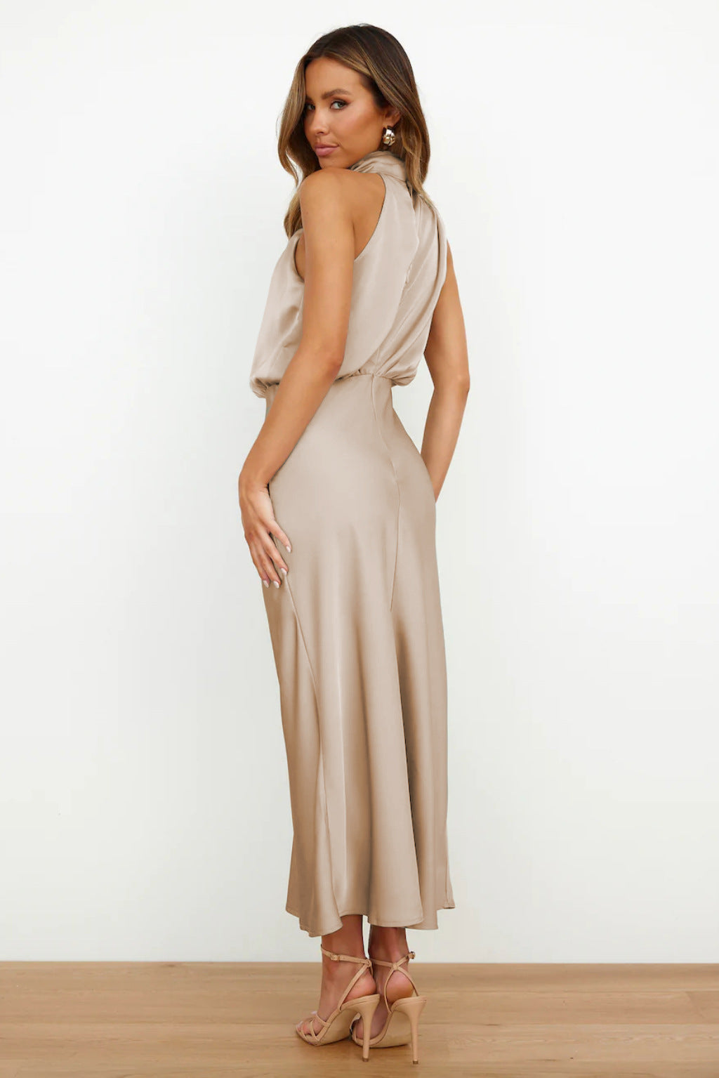 Leah | Long Satin Dress with Halter Neckline