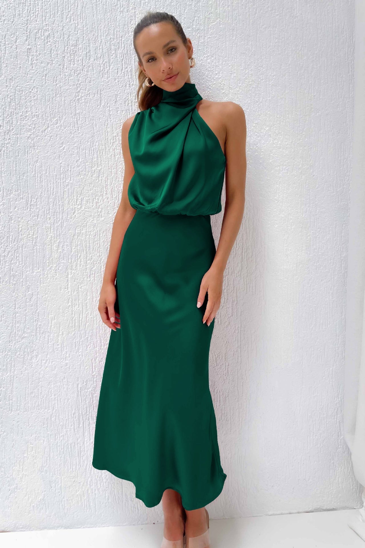 Leah | Long Satin Dress with Halter Neckline