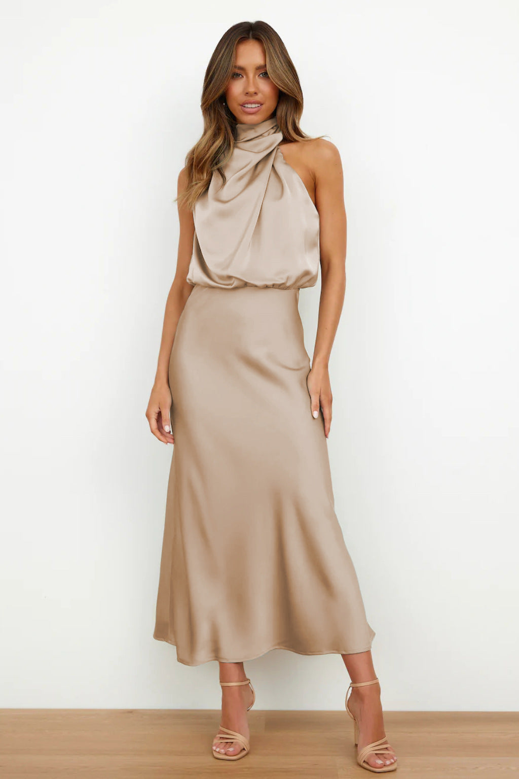 Leah | Long Satin Dress with Halter Neckline